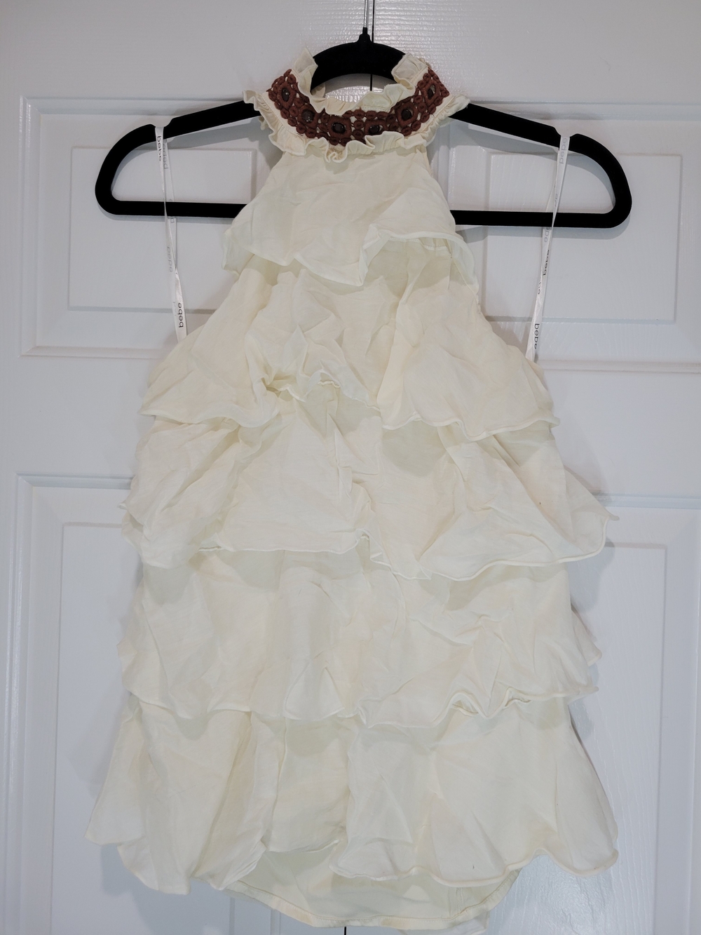 bebe Cream Low Back Ruffled Halter Tank Top with Embroidered Neck